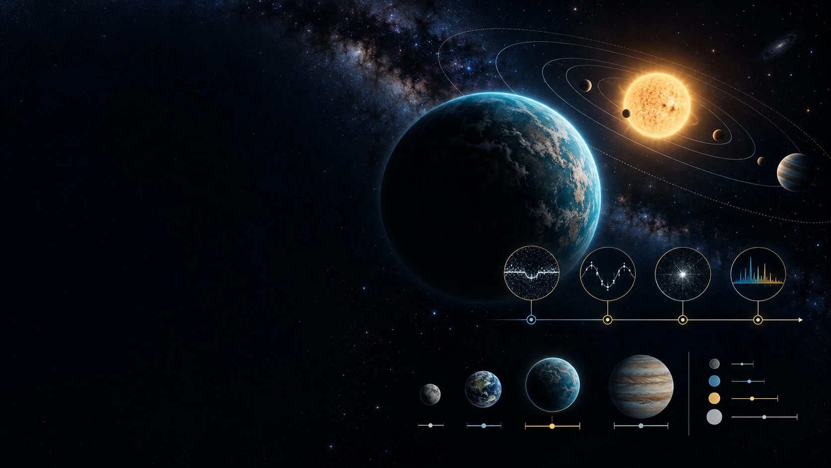 Illustrative planets, star system and discovery measurements.