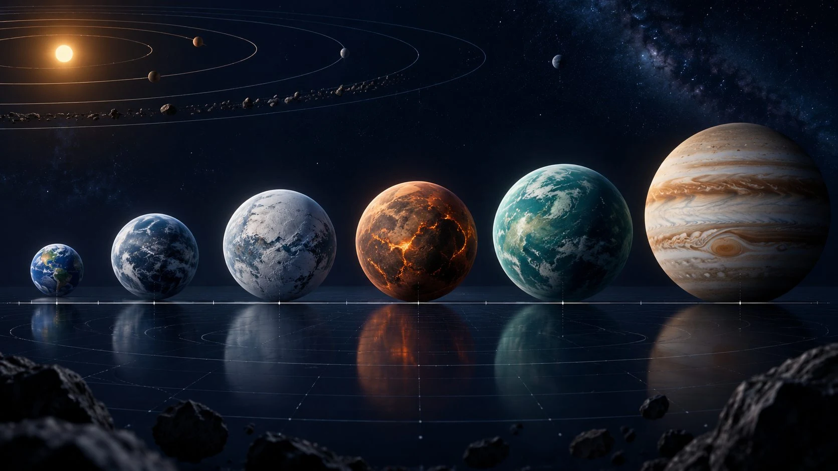 Illustrative planet sizes arranged for comparison.